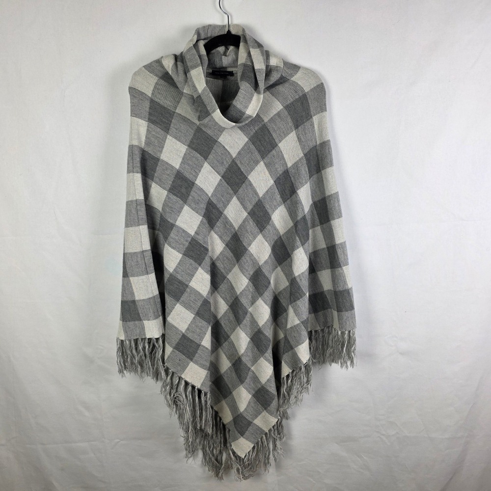 The Limited Womens Grey Plaid Cowl Neck Fringe Poncho Sweater XS/S Wool Blend